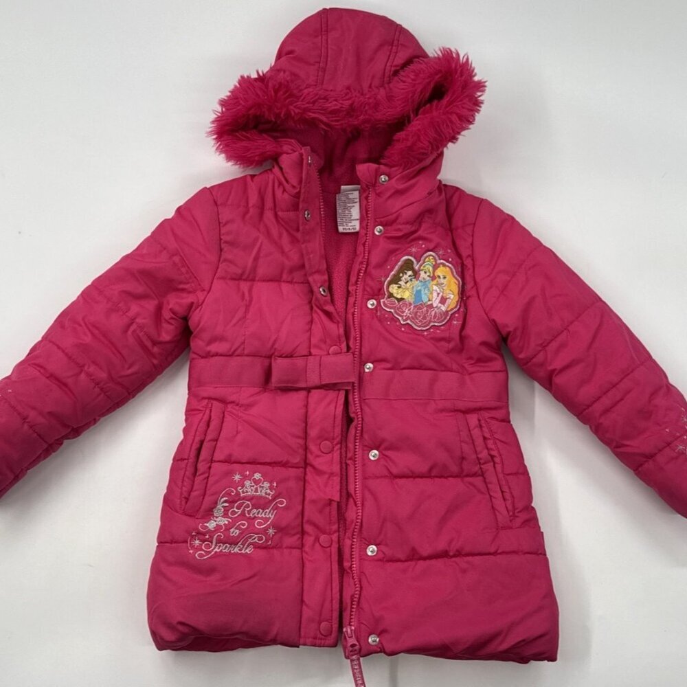Disney Princess Girls Puffer Jacket Coat Small 4-5 Pink Hooded Lined Sparkle